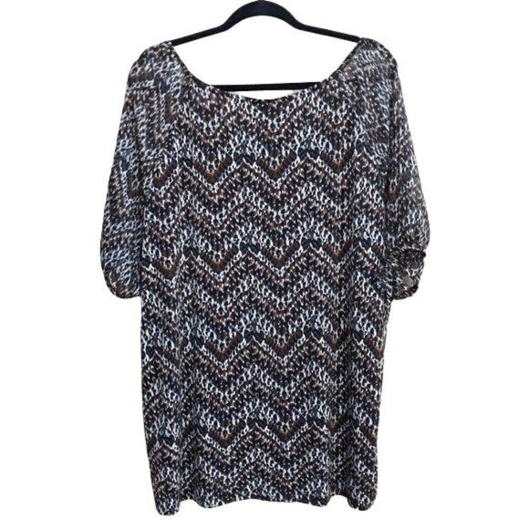 Lane Bryant Peasant‎ Tribal Zigzag Scoop Neck 3/4 Puff Sleeve Top Brown Sz 26/28 - Picture 2 of 12